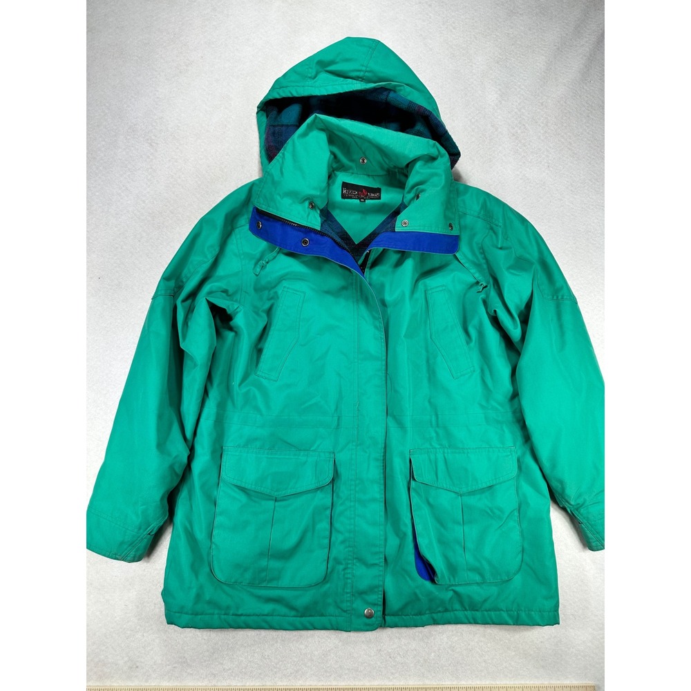 River Edge Fleet Street Vintage Green Hooded Parka Plaid Lined Jacket Womens 16